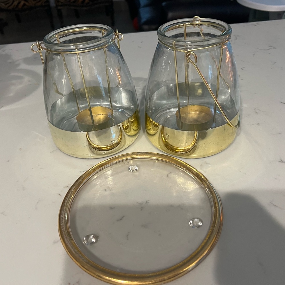 Gold-Trim Glass Tea Light Holders and Tray - Set of 2